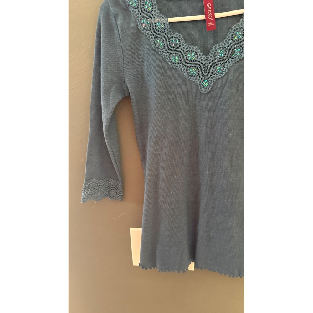 Gitano Womens Vintage Y2k Ribbed V-Neck Top Blue Lace Sequin Trim Fairy Small - Picture 3 of 8